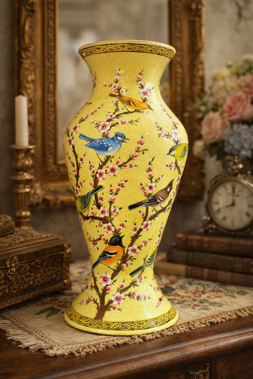 Handmade Kashmiri paper mache flower vase, Hand painted flower vase with birds and floral design  from Kashmir valley 
